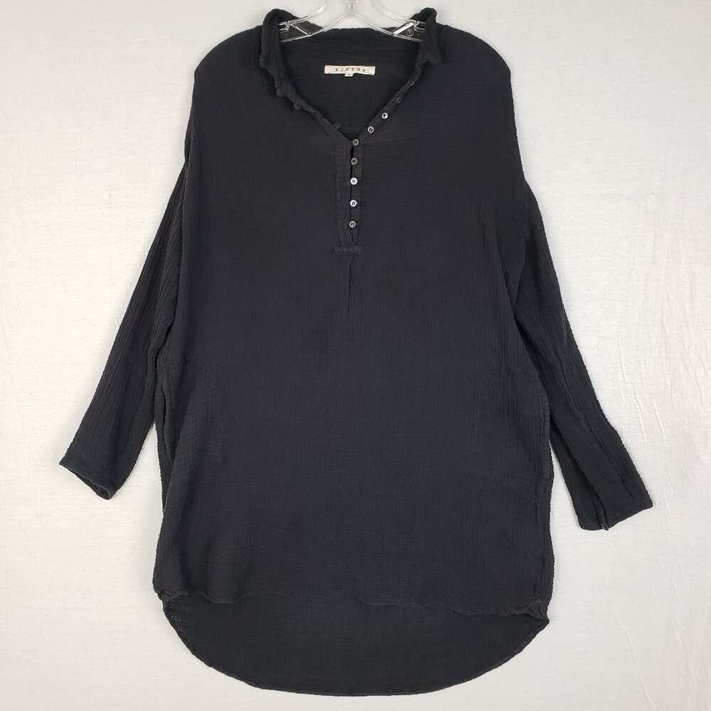XIRENA Tunic Dress Cotton Gauze High-Low Long Sleeve Black Lagenlook Boho size M